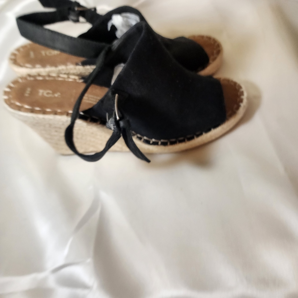 Toms Monica Black Wedge Sandals